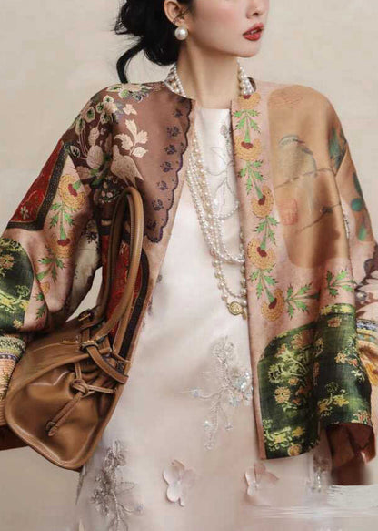 Chinese Style Yellow O-neck Print Silk Coats Spring