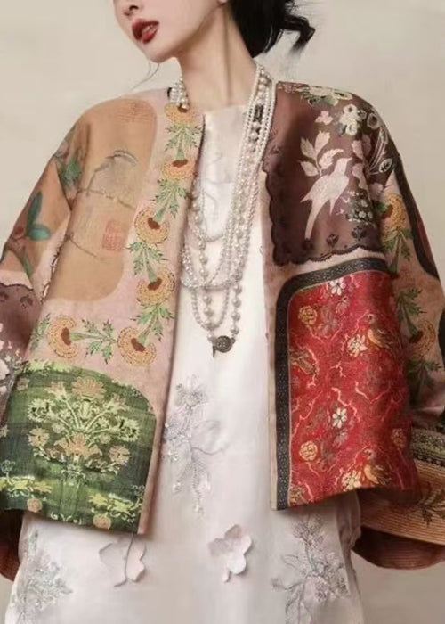 Chinese Style Yellow O-neck Print Silk Coats Spring