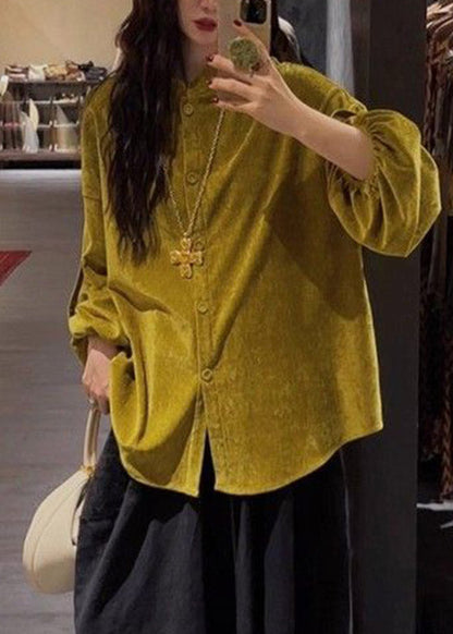 Chinese Style Yellow Patchwork Button Solid Top Spring