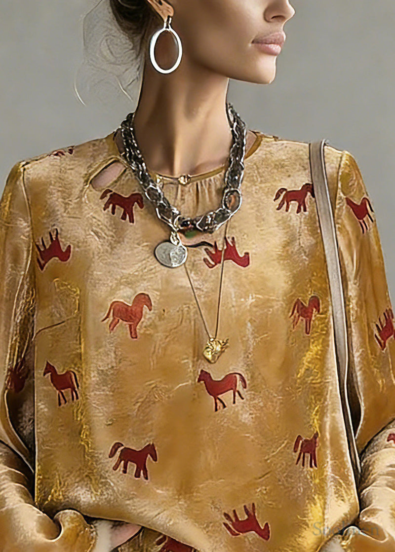 Chinese Style Yellow Print Button Silk Cotton Top Spring