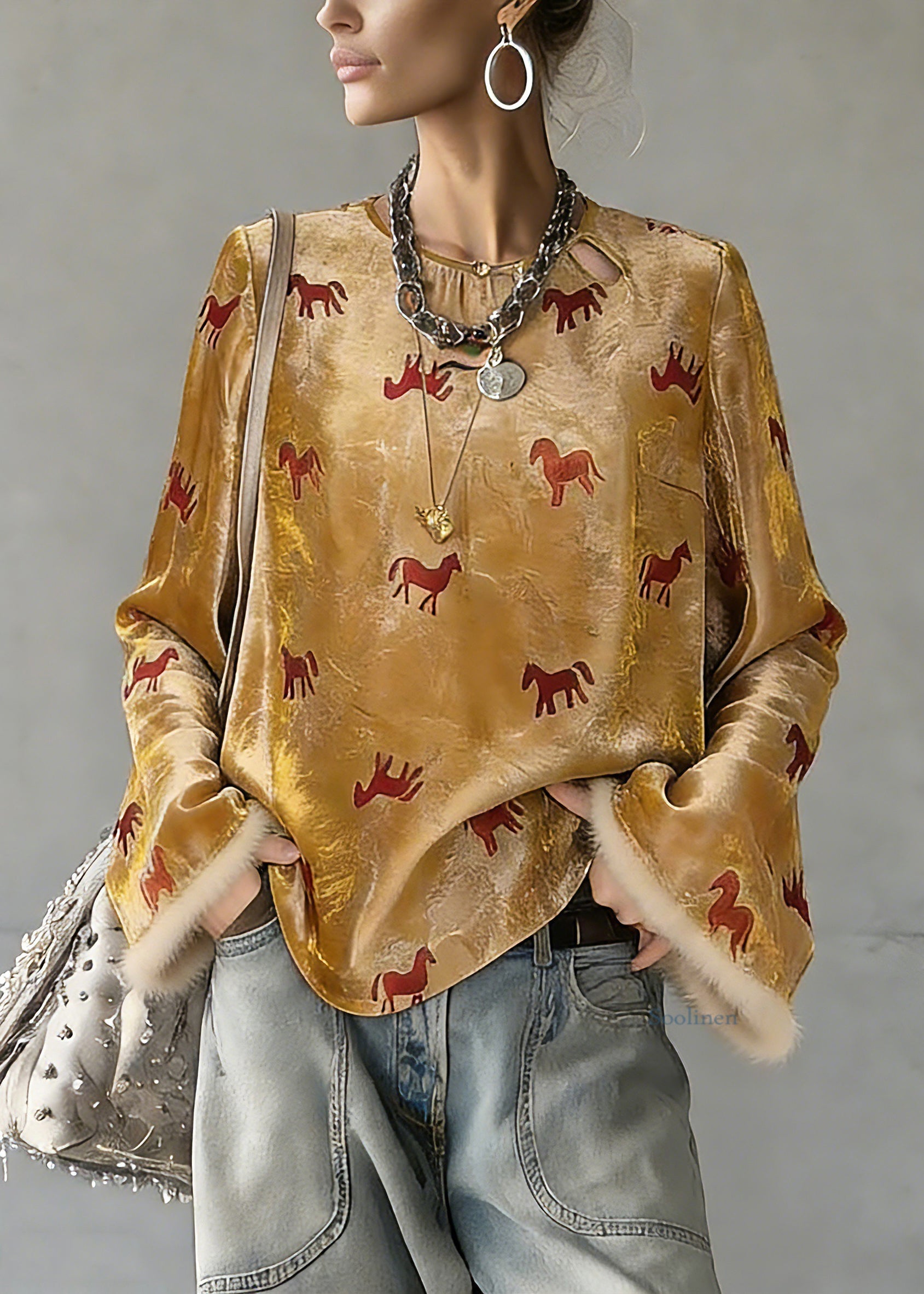 Chinese Style Yellow Print Button Silk Cotton Top Spring