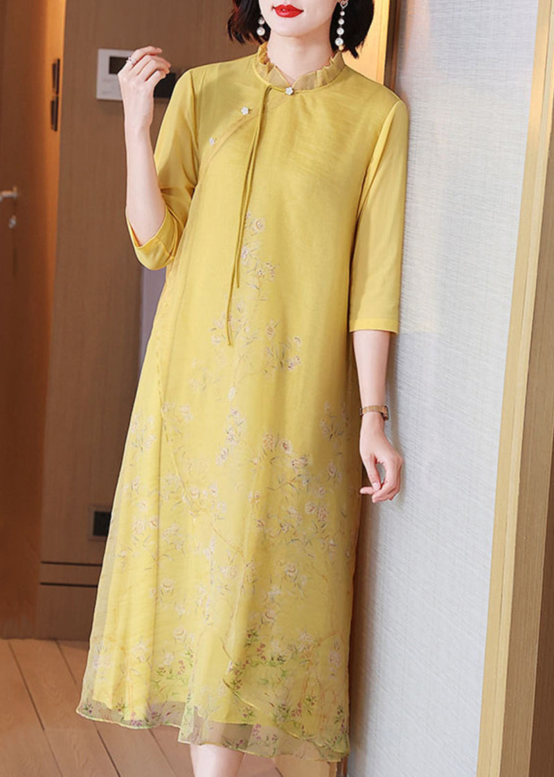 Chinese Style Yellow Ruffled Button Print Long Dress Half Sleeve
