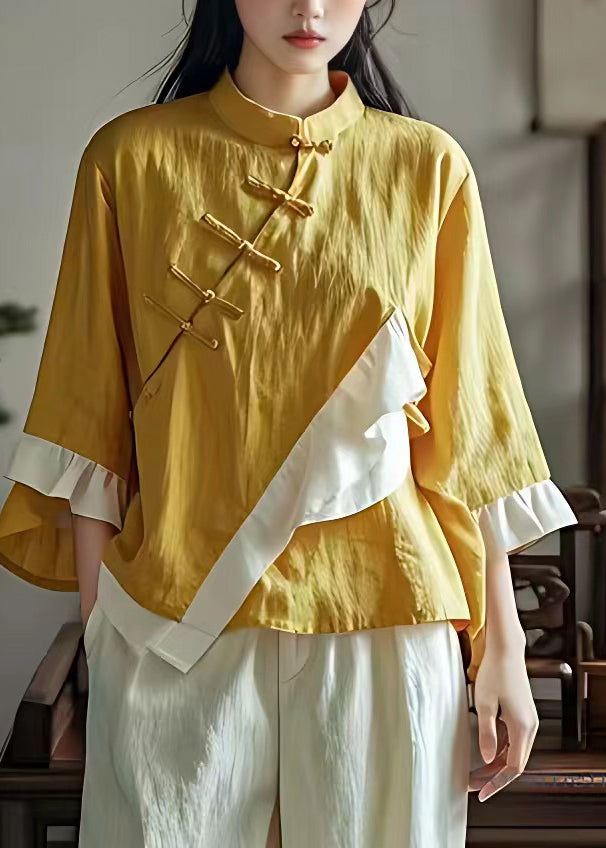 Chinese Style Yellow Stand Collar Asymmetrica Patchwork Top Long Sleeve