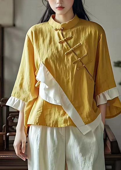 Chinese Style Yellow Stand Collar Asymmetrica Patchwork Top Long Sleeve