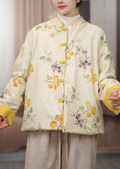 Chinese Style Yellow Stand Collar Button Print Cotton Filled Parkas Winter