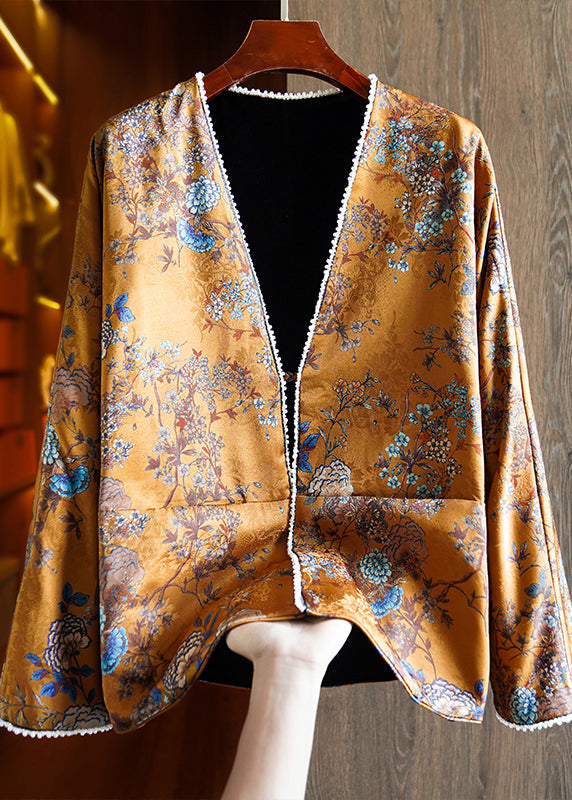 Chinese Style Yellow V Neck Print Nail Bead Wear on Both Sides Silk Coat Fall