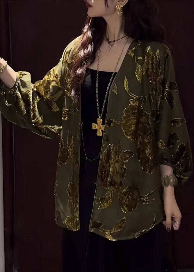 Chinese Style Yellow V Neck Print Silk Velvet Cardigans Long Sleeve