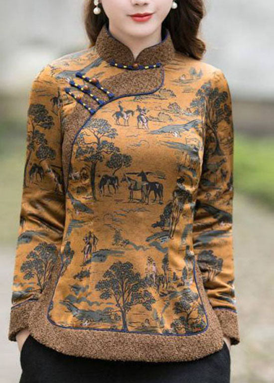 Chinese Style Chocolate Side Open Stand Collar Button Print Fine Cotton Filled Tops Winter
