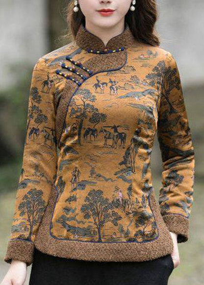 Chinese Style Chocolate Side Open Stand Collar Button Print Fine Cotton Filled Tops Winter