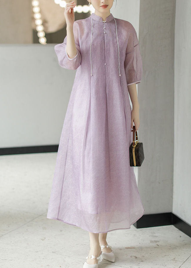 Chinese Style Light Purple Nail Bead Patchwork Silk Long Dress Summer