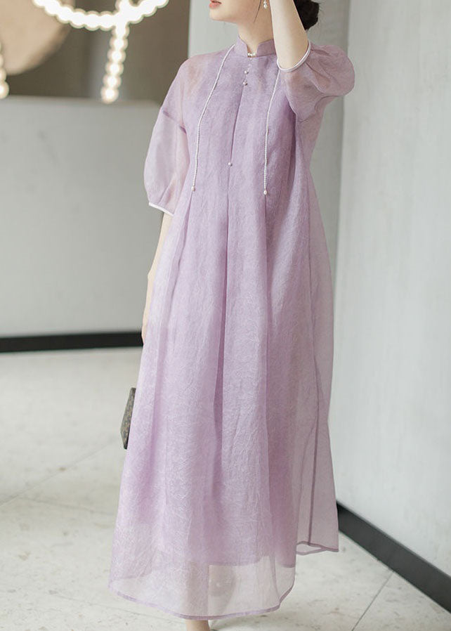 Chinese Style Light Purple Nail Bead Patchwork Silk Long Dress Summer
