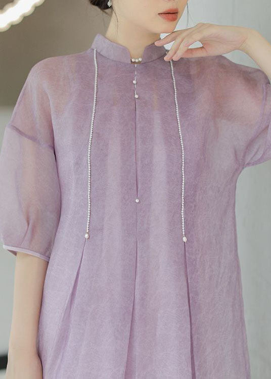 Chinese Style Light Purple Nail Bead Patchwork Silk Long Dress Summer