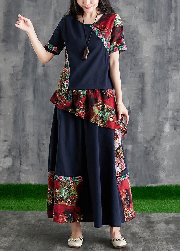 Chinese Style Summer Black Print Cotton Linen Stitching Small Fresh and Temperament Summer Two-piece