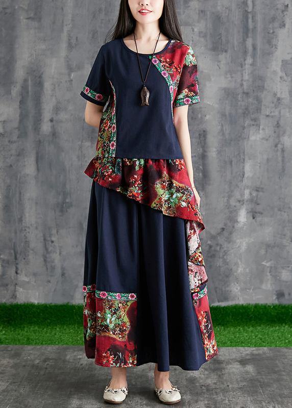 Chinese Style Summer Black Print Cotton Linen Stitching Small Fresh and Temperament Summer Two-piece