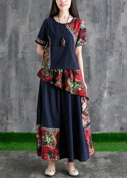 Chinese Style Summer Black Print Cotton Linen Stitching Small Fresh and Temperament Summer Two-piece