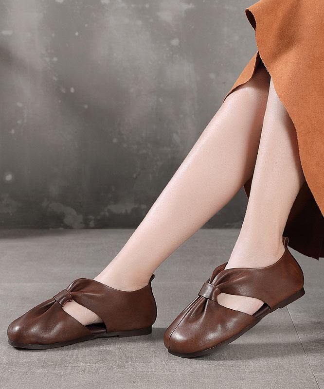 Chocolate Hollow Out Flat Feet Shoes Cowhide Leather