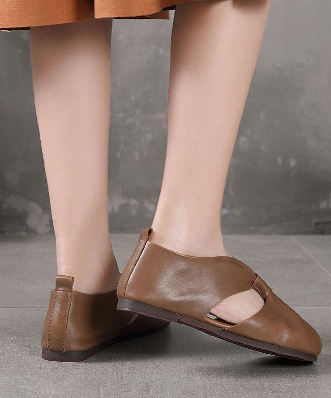 Chocolate Hollow Out Flat Feet Shoes Cowhide Leather
