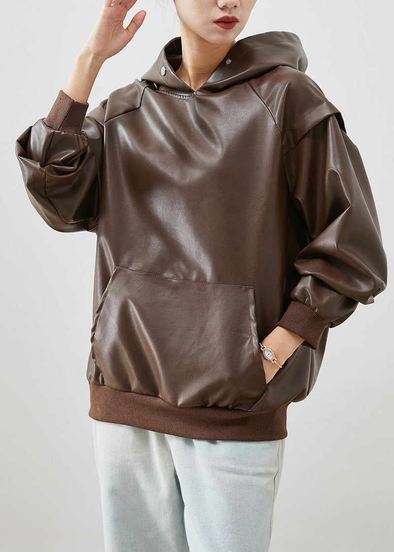 Chocolate Faux Leather Loose Sweatshirt Hooded Fall