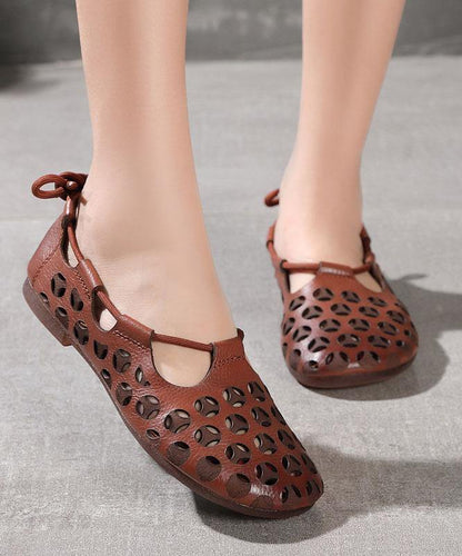 Chocolate Flat Shoes Cowhide Leather Hollow Out Flats