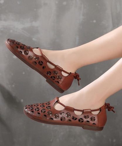 Chocolate Flat Shoes Cowhide Leather Hollow Out Flats