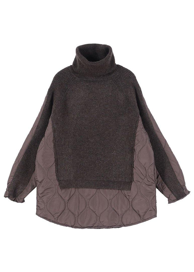 Chocolate Knitted High Neck Combed Rhombic Plaid Cotton Sweater
