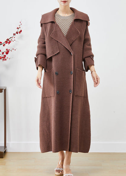 Chocolate Loose Knit Coat Outwear Double Breast Pockets Fall