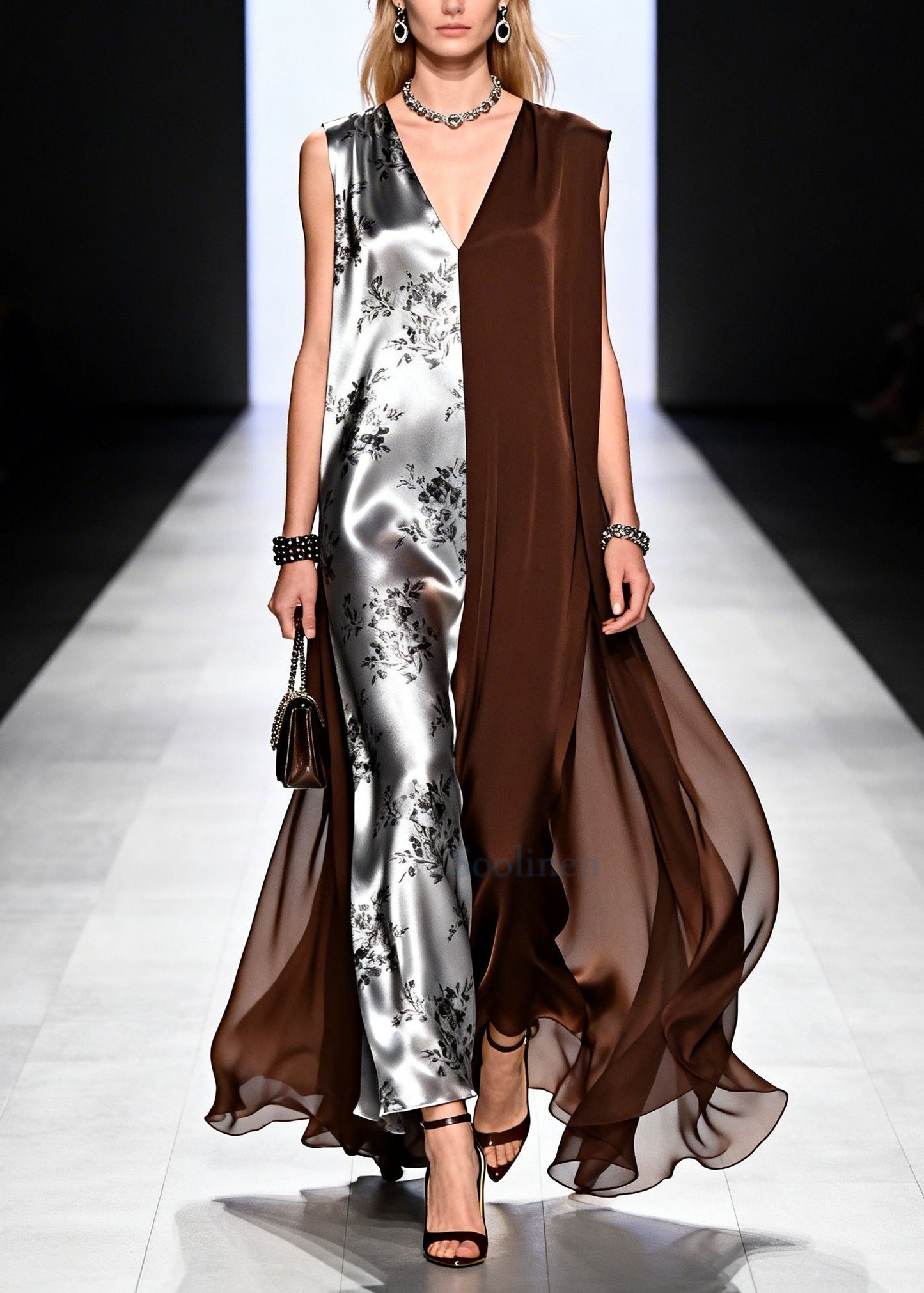 Chocolate Patchwork Chiffon Long Dress Asymmetrical Design Summer