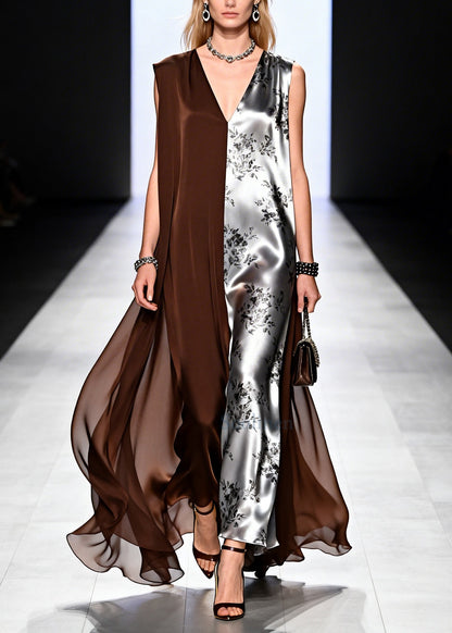 Chocolate Patchwork Chiffon Long Dress Asymmetrical Design Summer