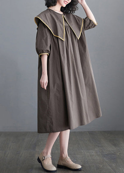 Chocolate Patchwork Cotton Long Dress Oversized O-neck Half Sleeve