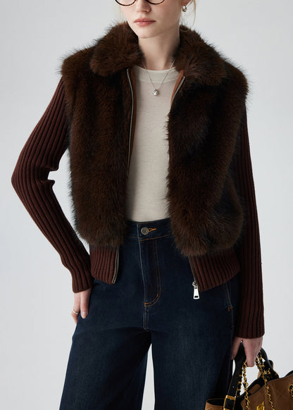 Chocolate Patchwork Faux Fur Knit Coats Fake Two Piece Winter