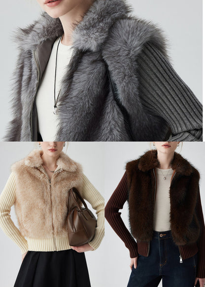 Chocolate Patchwork Faux Fur Knit Coats Fake Two Piece Winter
