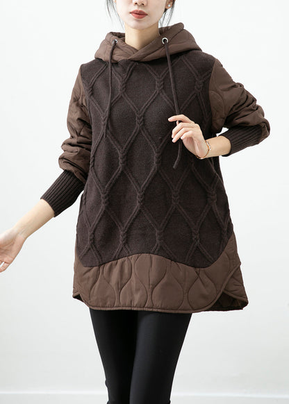 Chocolate Patchwork Knit Fine Cotton Filled Pullover Dress Hooded Winter