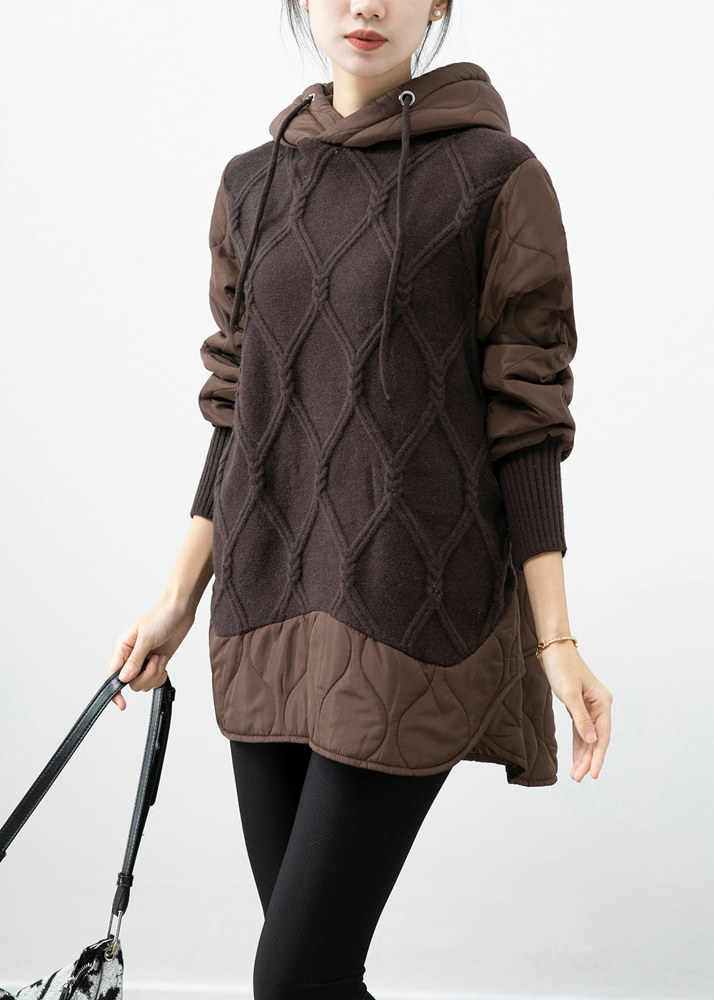 Chocolate Patchwork Knit Fine Cotton Filled Pullover Dress Hooded Winter