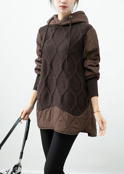 Chocolate Patchwork Knit Fine Cotton Filled Pullover Dress Hooded Winter
