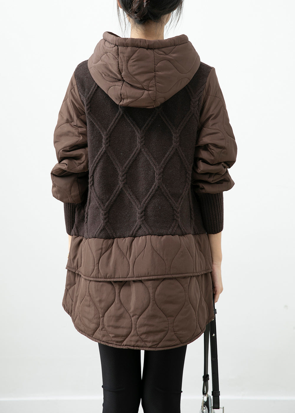 Chocolate Patchwork Knit Fine Cotton Filled Pullover Dress Hooded Winter