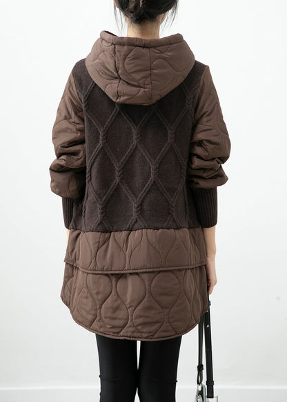 Chocolate Patchwork Knit Fine Cotton Filled Pullover Dress Hooded Winter