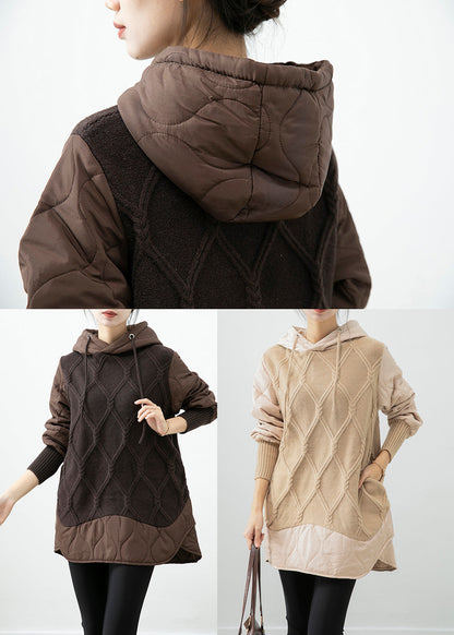 Chocolate Patchwork Knit Fine Cotton Filled Pullover Dress Hooded Winter