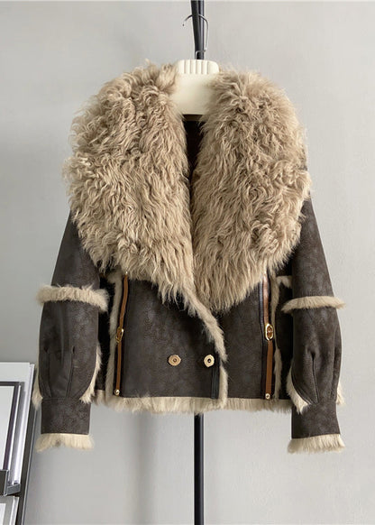Chocolate Patchwork Leather and Fur Coats Wool Collar Winter