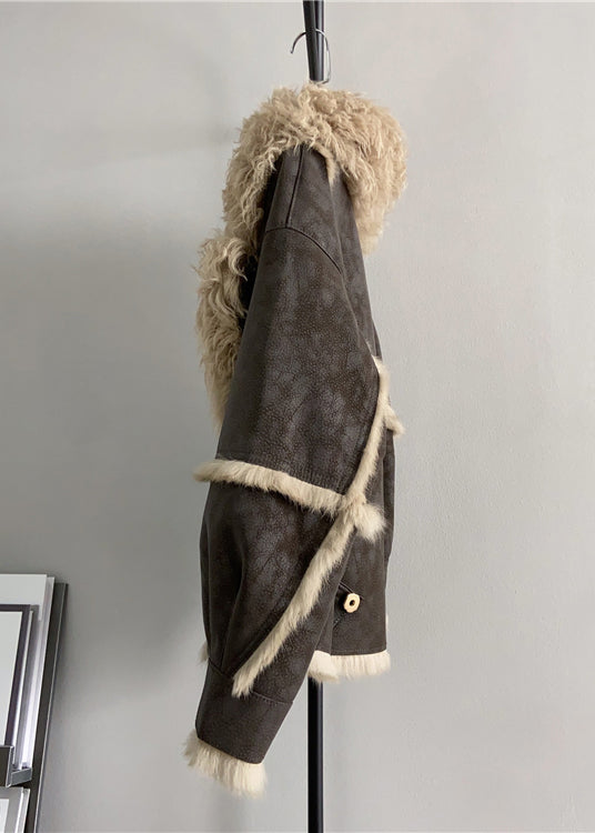 Chocolate Patchwork Leather and Fur Coats Wool Collar Winter
