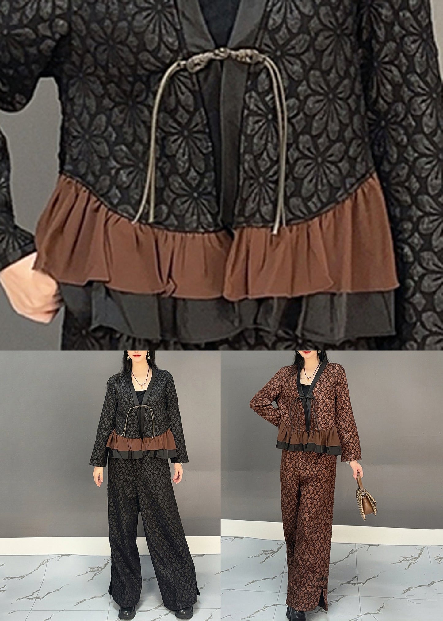 Chocolate Ruffled Patchwork Print Shirts and Wide Leg Pants Two Pieces Set Spring