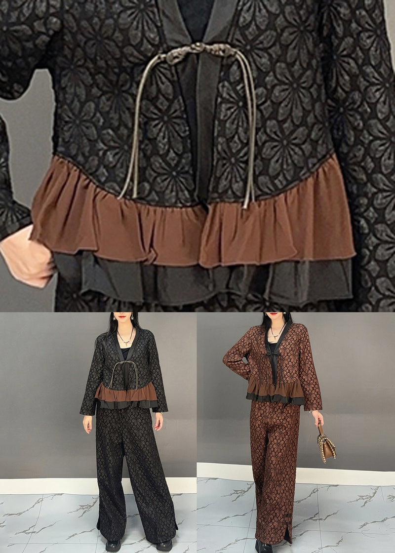 Chocolate Ruffled Patchwork Print Shirts and Wide Leg Pants Two Pieces Set Spring