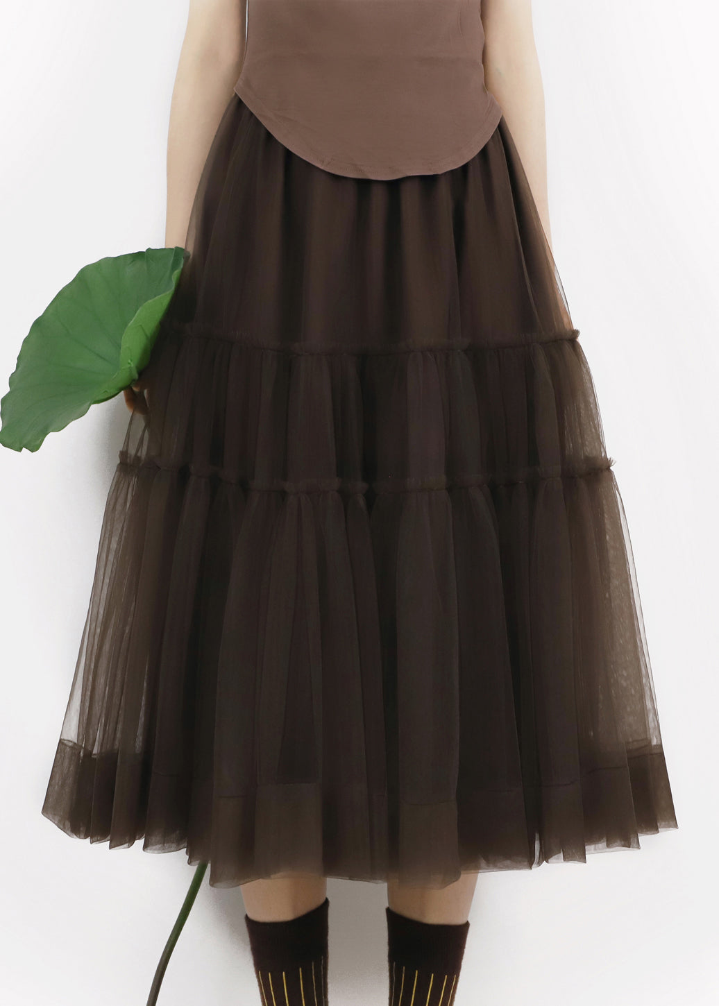 Chocolate Patchwork Tulle Pleated Skirt Elastic Waist
