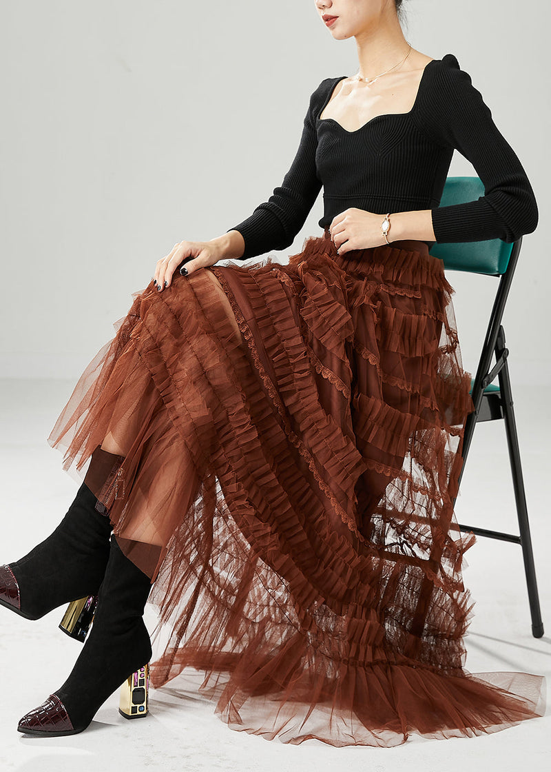 Chocolate Tulle a Line Skirts Ruffled Fall