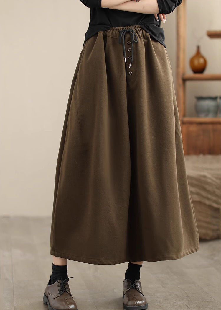 Chocolate Woolen a Line Skirts Elastic Waist Drawstring Spring