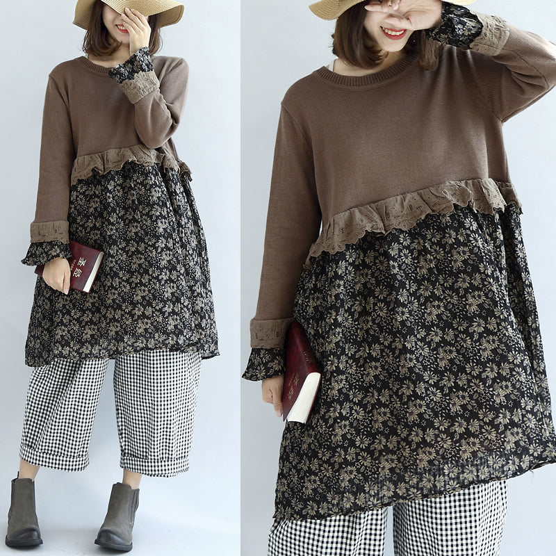 Chocolate Patchwork Sweater Dresses Knit Pullover Shift Dress