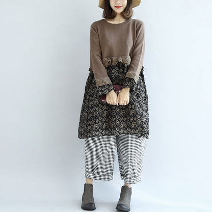Chocolate Patchwork Sweater Dresses Knit Pullover Shift Dress