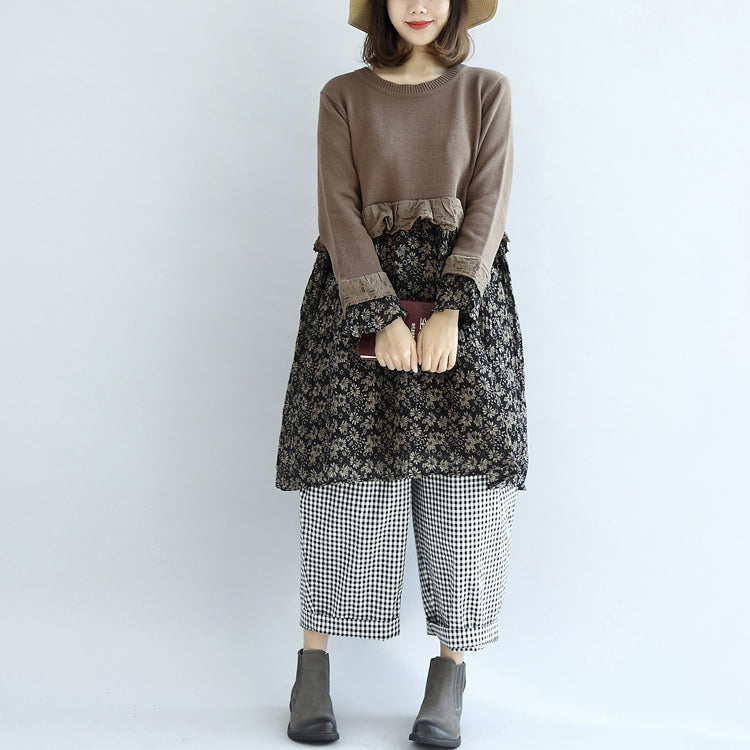 Chocolate Patchwork Sweater Dresses Knit Pullover Shift Dress