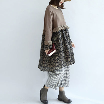 Chocolate Patchwork Sweater Dresses Knit Pullover Shift Dress