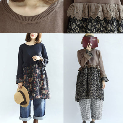 Chocolate Patchwork Sweater Dresses Knit Pullover Shift Dress