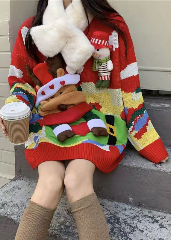 Christmas Themed Elk Sweater Red With Loose and Lazy Style
